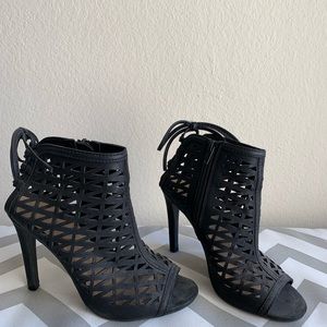 Black lattice bootie heels